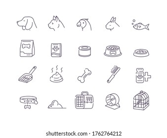 Pet Shop Icons. Dog, Cat, Birds and other Domestic Animals Signs. Different Sorts of Animal Food, Toys, Cages and Other Items for Pet Care. Flat Line Vector Illustration and Icons set.