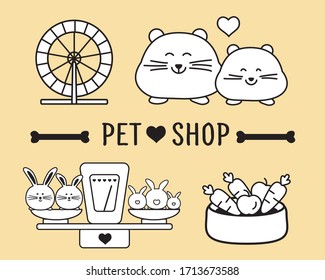 Pet shop icons. Rabbits on the scales. Vegetables for Pets. A pair of hamsters and a heart. Wheel for running rats and hamsters. Carrots and apples in a bowl. Vector image.
