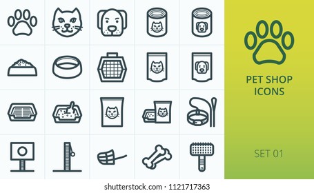 Pet shop icons set. Set of cat and dog, pet carrier, aluminium packing food for cat and dog, litter box toilet, care vector icons