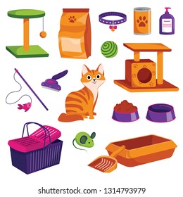 Pet shop icons set. Cat goods vector cartoon illustration. Animal food, toys, care and other stuff.