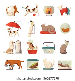 Pet shop icons set with cats and dogs flat isolated vector illustration 