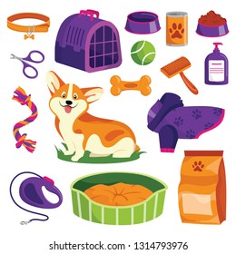 Pet shop icons set. Dog goods vector cartoon illustration. Animal food, toys, care and other stuff.