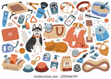 Pet shop icons set, dog and cat doodle characters, pet care products, vector illustration of accessories for domestic animals, collection of collar, bowl, leash, isolated colored clipart