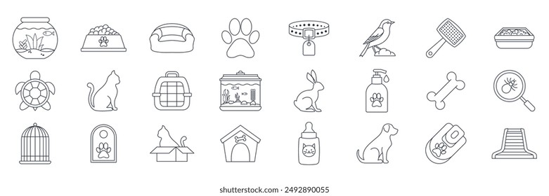 Conjunto de iconos de la tienda de mascotas, iconos incluidos como acuario, gato, perro, conejo y más símbolos colección, logotipo aislado Ilustración vectorial