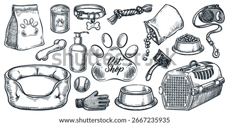 Pet shop icons set. Vector hand drawn sketch illustration of dog and cat food, toys and accessories. Design elements for veterinary clinic, pet store, packaging, poster, banner and advertising