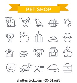 Pet shop icons, thin line, flat design