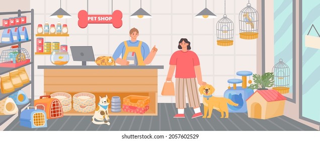 Pet shop inside interior with cashier and customer with dog. Animal food, accessory and toys in store. Cartoon zoo supermarket vector scene. Customer buying food for domestic animal