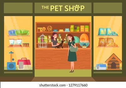 Pet shop interior with animals and goods