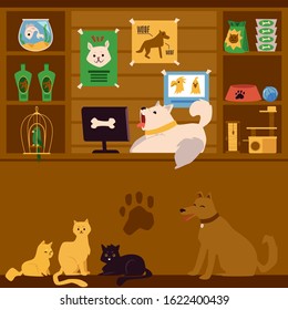 Pet shop interior with cartoon animals as sellers. Cute dog lying on register counter of store with pet care products on shelves - flat vector illustration