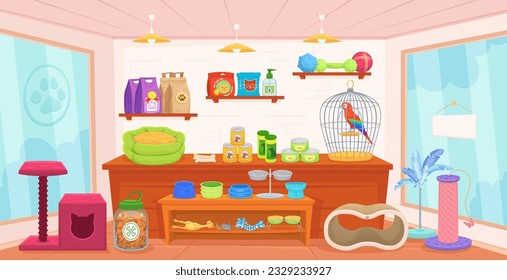 Pet shop interior. Cartoon room indoor zoo store, pets shopping inside or domestic animal house, small petshop home sales toy accessories for dog and cat vector illustration of petshop feline indoor