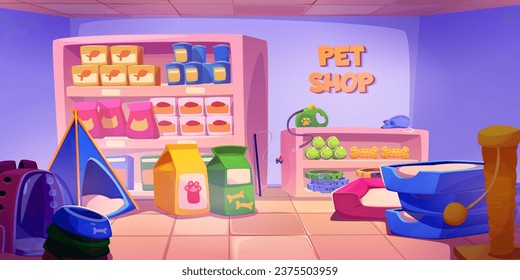 Pet shop interior cartoon vector. Dog and cat petshop in supermarket inside. Animal food on shelf, counter, pillow bed, bowl and scratching toy indoor illustration. Collar and mouse to buy in market