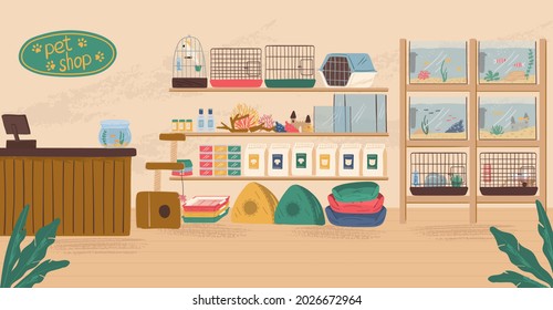 Pet shop interior concept vector illustration. Animal store with canine food, birds cage, aquarium with fish and dog bed