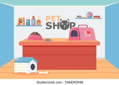 Pet shop interior with counter and shelves vector illustration. Pet carrier, bowl with food, toy mouse, dog house, shampoo, brush, ball and collar on shelf. Pet shop, domestic animals concept