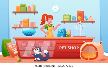 Pet shop interior with counter and signboard, showcase.cute pets, a cat and a canary, a bird, an aquarium fish and a female seller. A pet store. Food and toys for animals. Vector illustration in carto