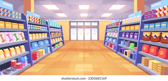 Pet shop interior with dog toy cartoon vector illustration. Petshop aisle business with food, goods and accessories on shelf for domestic animal indoor background. Doghouse stand with treats for sale