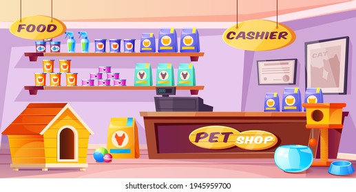 Pet shop interior, domestic animal store with counter desk, accessories, food, cat and dog houses, toys, tin cans on shelves. Inner view of petshop supermarket with nobody. Cartoon vector illustration