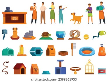 Pet shop interior icons set cartoon vector. Domestic animal. Store counter desk