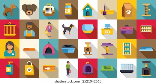 Pet shop interior icons set. This vector illustration set features icons of products and services offered by pet stores, including food and toys for cats and dogs