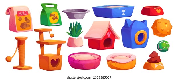 Pet shop interior isolated vector cartoon clipart. Animal toy and food indoor supermarket to buy clipart. Petshop business with domestic puppy goods and supplies. Playful scratching and doggy sleep