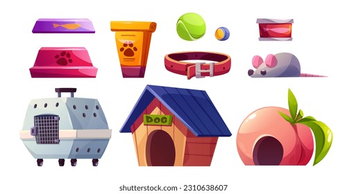 Pet shop interior isolated vector cartoon clipart. Animal toy and food indoor supermarket to buy clipart. Petshop business with domestic puppy goods and supplies. Doggy sleep, mouse and cat carrier