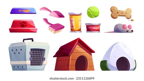 Pet shop interior isolated vector cartoon clipart. Animal toy and food indoor supermarket to buy clipart. Petshop business with domestic puppy goods and supplies. Doggy sleep and bone, cat carrier