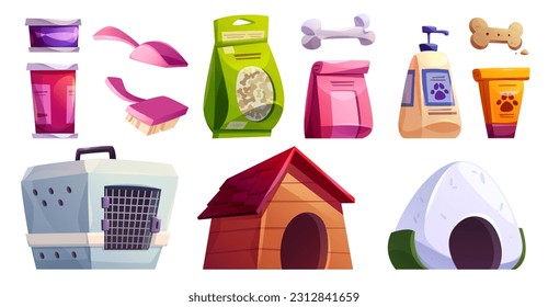 Pet shop interior isolated vector cartoon clipart. Animal toy and food indoor supermarket to buy clipart. Petshop business with domestic puppy goods and supplies. Doggy sleep and shampoo, cat carrier