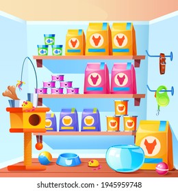 Pet Shop Interior With Scratching Post For Cats, Toys, Bowl, Feed In Bag And Cans. Vector Cartoon Illustration Of Store With Accessories For Domestic Animals, Aquarium For Fish, Collar For Dogs, Balls