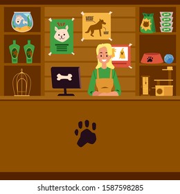 Pet shop interior with seller girl cartoon character standing behind counter filled with pet care products, flat vector illustration. Pet store and pharmacy background.