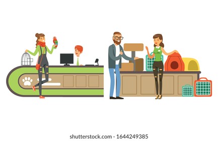 Pet Shop Interior with Seller and People Buying Animals, Feed, Accessories for their Pets Vector Illustration