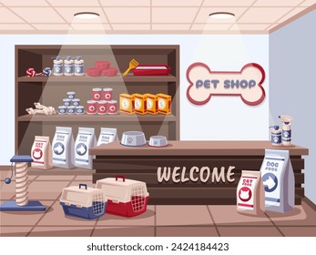 Pet shop interior. Shelves with animal care products, food for dogs and cats. Store interior vector illustration. Cartoon accessories, cans and bowls, carriers and toys sold in store