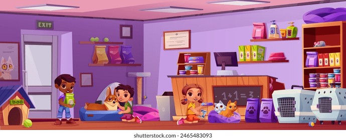 Innenbereich des Tierladens. Vektorgrafik-Cartoon-Illustration von glücklichen Kindern, die mit Katzen und Hund spielen, sich um Adoptivfreunde kümmern, Futterboxen und Dosen, Spielzeug in Regalen, Computer am Kassenschalter