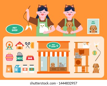 Pet shop interior vector Illustration. Pet goods flat icons set.