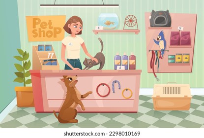 Interior de tienda de mascotas con vendedora de mujeres, animales domésticos: perro, gato, loro, pescado. Estanterías con accesorios, fuentes y juguetes ilustrados vectoriales.