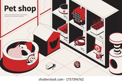 Pet shop isometric background with text and store shelves goods on sale with toys cradles food vector illustration