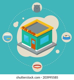 Pet shop isometric building, flat icons, stylish background vector illustration 