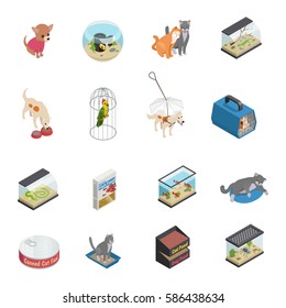 Pet shop isometric icons set with cats and dogs isolated vector illustration