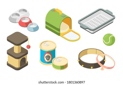 Pet shop isometric. Toys brushes for grooming brushing shampoo and canned food for domestic animals dog cats parrot fishes vector set