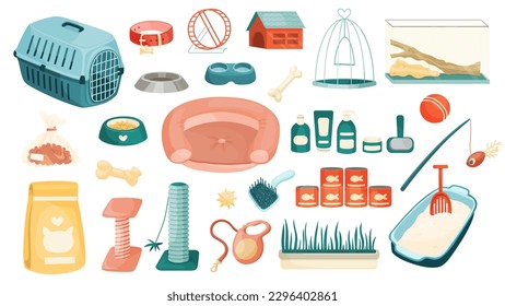 Pet shop items set. Pet supply and animal care elements. Vector cartoon illustrations. 