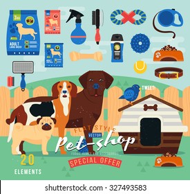 Pet shop items set. Vector grooming icon. Illustration of accessories, toys, goods for care of pets. Flat  domestic animals. Pug, labrador, beagle - stylized dog breed. Cartoon dog character.