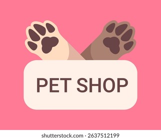 Pet shop label with dogs crossed paws on pink background. Flat vector button