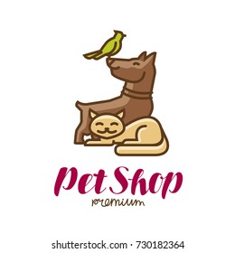 Pet shop label or logo. Animals, parrot, dog, cat icon. Vector illustration
