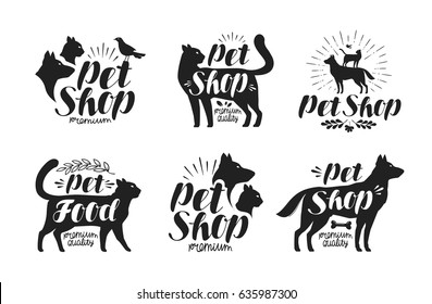 Pet shop, label set. Animals, dog, cat, parrot symbol or logo. Lettering vector illustration