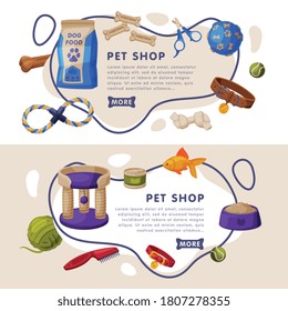 Pet Shop Landing Page Templates Set, Cat and Dog Accessories, Food, Toys, Care Products Website, Mobile App Cartoon Vector Illustration