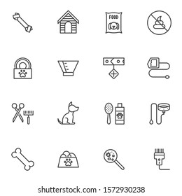 Pet shop line icons set. linear style symbols collection, outline signs pack. vector graphics. Set includes icons as dog food bowl, kennel house, collar, anti-flea shampoo, bone, protective cone