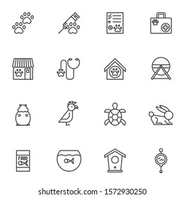 Pet shop line icons set. linear style symbols collection, outline signs pack. vector graphics. Set includes icons as veterinary clinic, injection syringe, animal paw, first aid kit, hamster, parrot