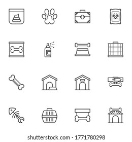 Pet shop line icons set, outline vector symbol collection, linear style pictogram pack. Signs, logo illustration. Set includes icons as animal carrier, pets paw, bird cage, dog house, vet kit, poo bag