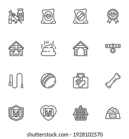 Pet Shop Linie Icons Set, Umriss Vektorsymbol Sammlung, lineares Piktogramm Pack. Zeichen, Logo-Illustration. Set enthält Symbole wie Zwingerhaus, Tierimpfstoff, Tierpoo, Heimspielzeug, Knochen