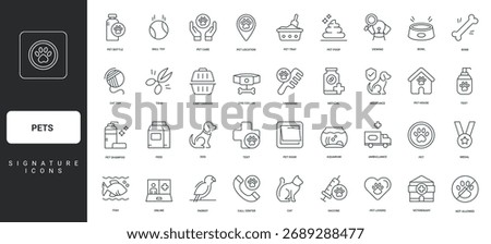 Pet shop location and items, grooming, dog and cat house thin black and red outline symbols vector illustration Pets, veterinary clinic, love and care for animal health, vet services line icon set.