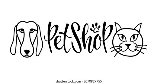 Pet Shop logo. Animal paw, cat and dog faces icon. Hand written Calligraphy Lettering Template advertising, signboard, logotype, banner, card, print, poster. Vector lettering typography poster.