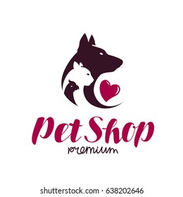 Pet shop logo. Animal shelter, dog, cat, parrot icon or label. Lettering vector illustration